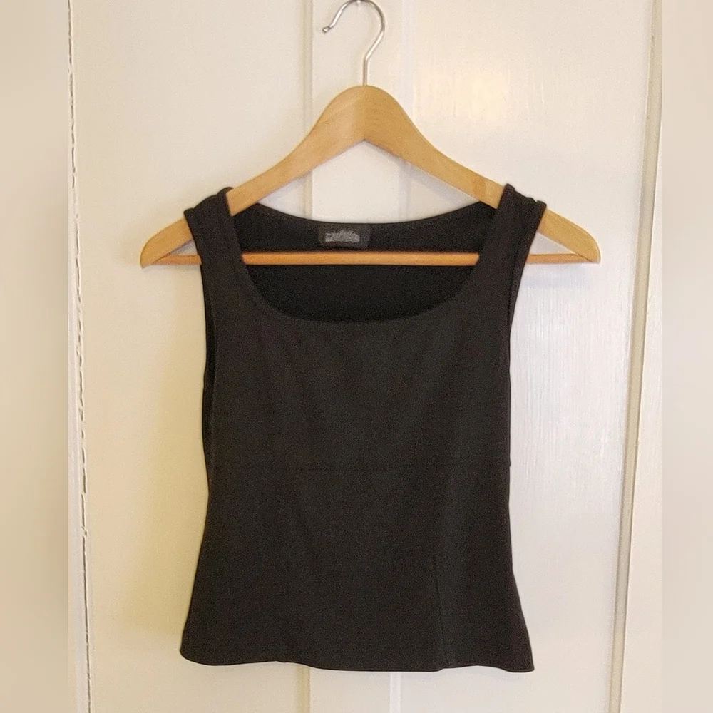 Vintage 90s Malibu Script Label Black Scoop Neck Tank Top Peplum Hem Medium Y2K - Picture 1 of 3